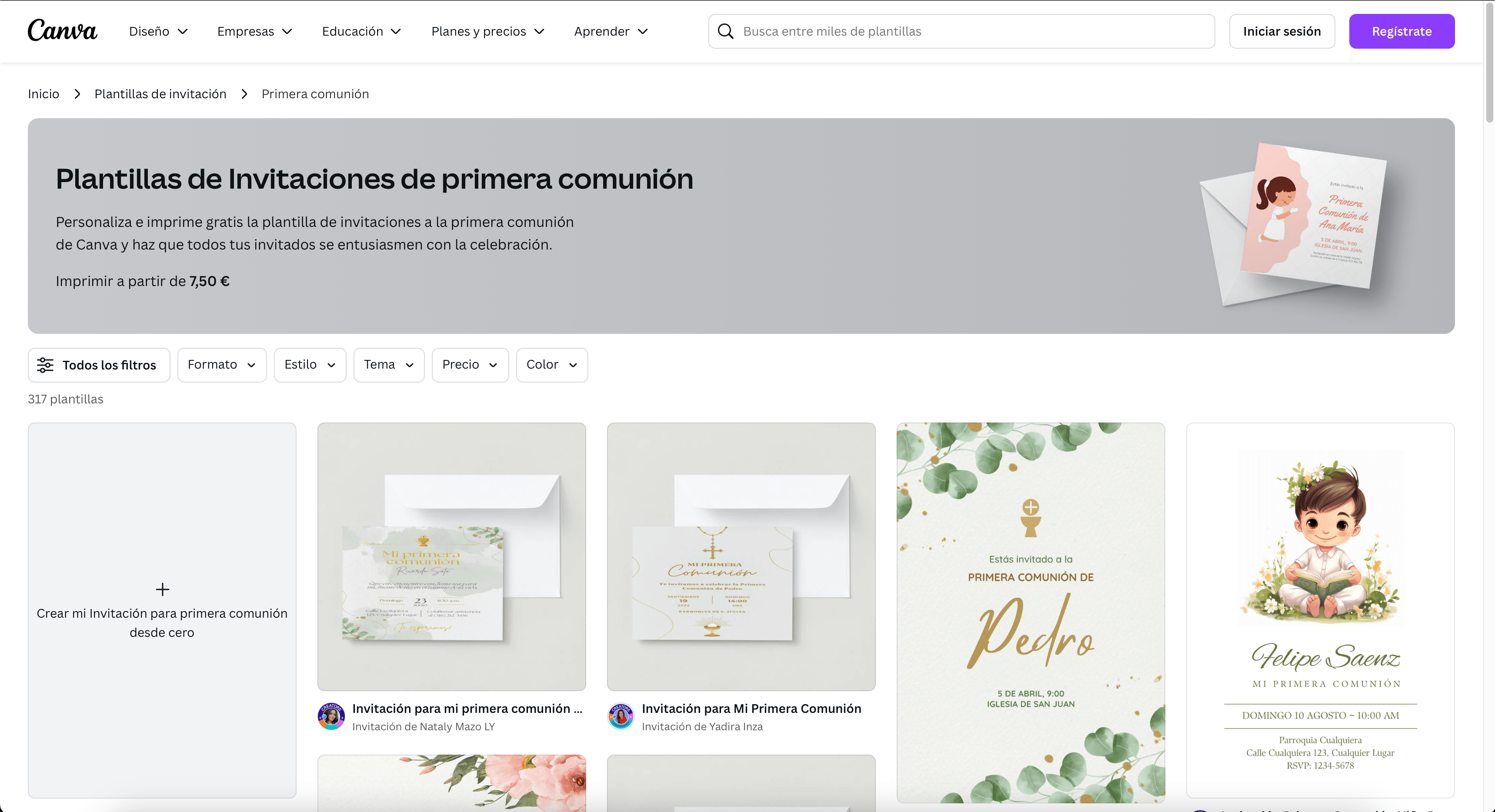 Imagen de una captura de pantalla de Canva con las plantillas de invitación de primera comunión