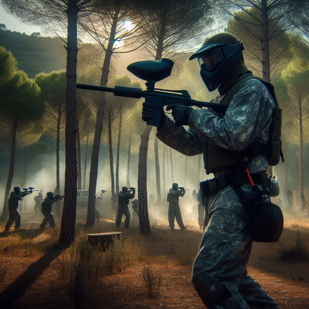 Foto de IA de un combate de paintball como ideas para celebrar cumpleaños