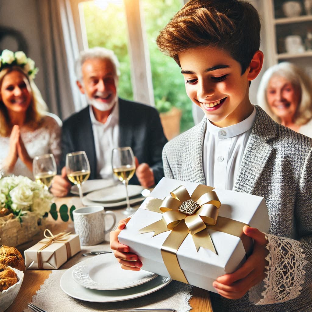 Niño en el día de la comunión con un regalo en la mano con la familia de fondo como regalos de comunión