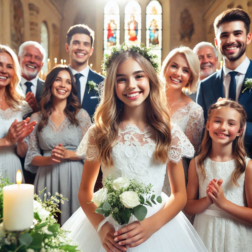 imagen de niña haciendo la comunión con la familia detrás